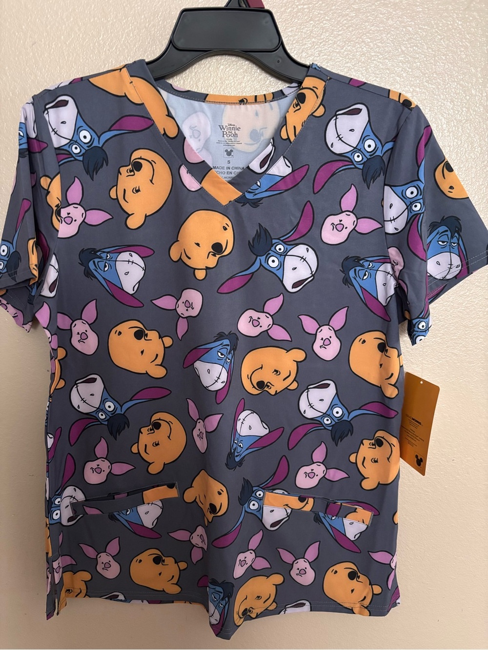 Disney Winnie the Pooh Character Print Scrub Top - Gray with Yellow & Pink